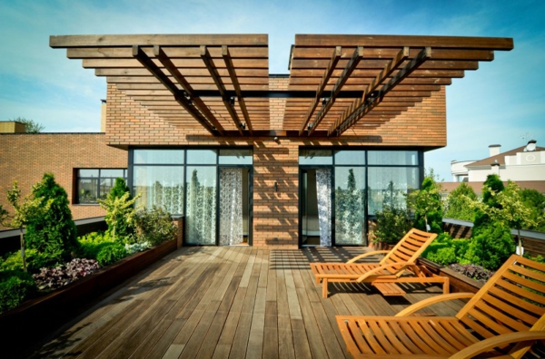 Covered terrace modern wood glass pergola views