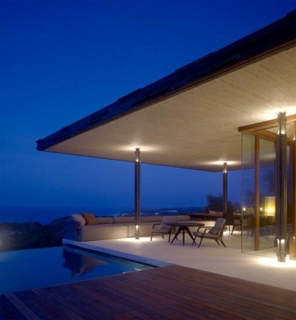 Covered terrace modern wood glass pergola awning lighting