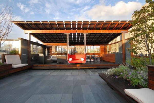 Covered terrace modern wood glass pergola awning facade