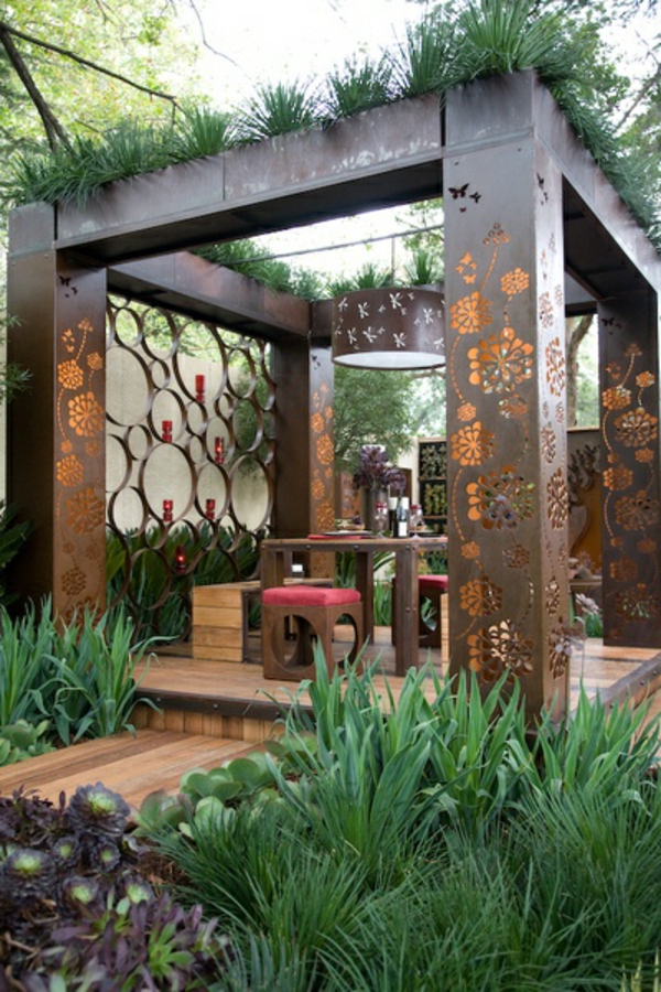 Terrace cover modern wood glass pergola awning green