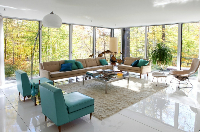 50年代家具复古真皮沙发扶手椅蓝色米色