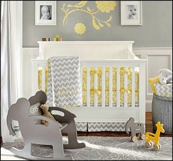 Diseño de patrón de chavón de habitación de bebé deco ideas banco gris