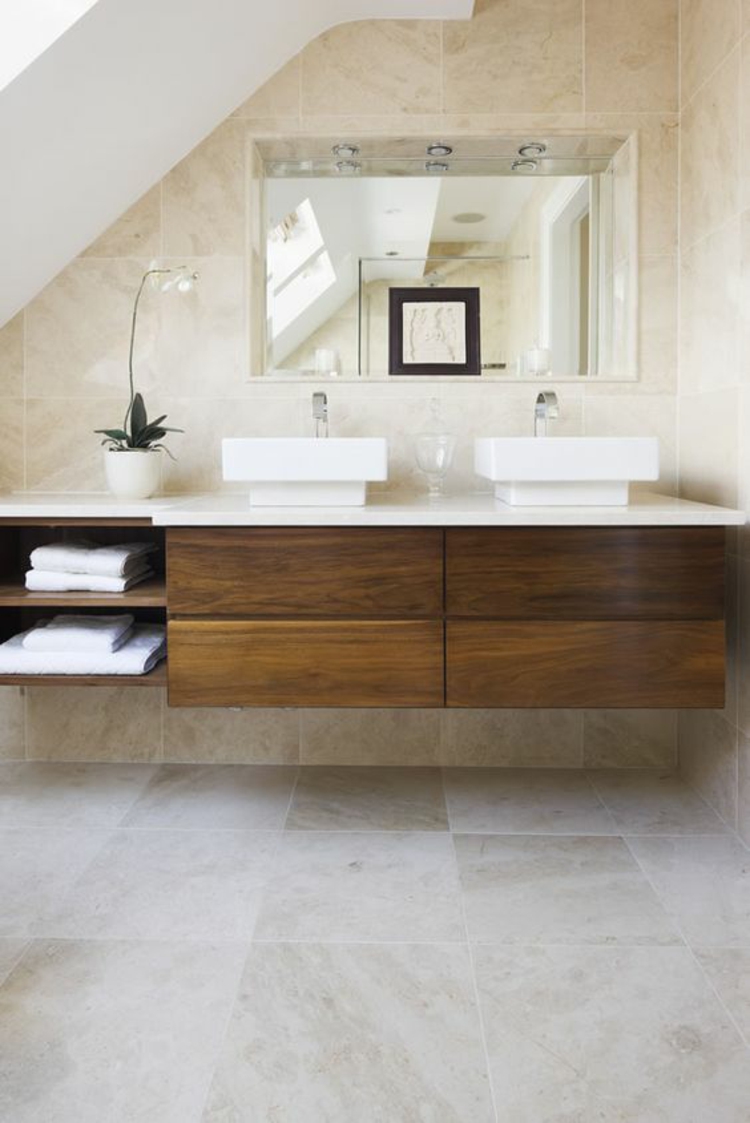 אריחי אמבטיה אריחי טרוורטין עיצוב אמבטיה כיור שולחן עץ