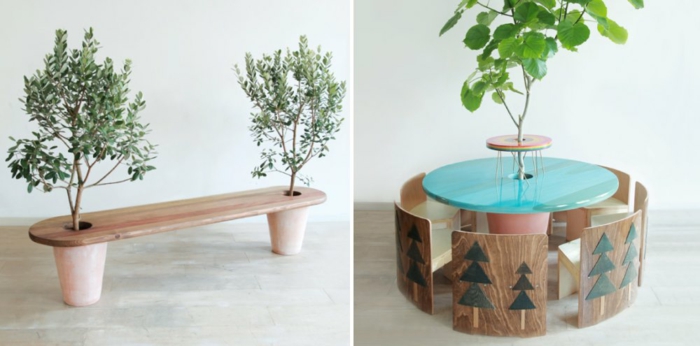 Tree bench with a potted tree