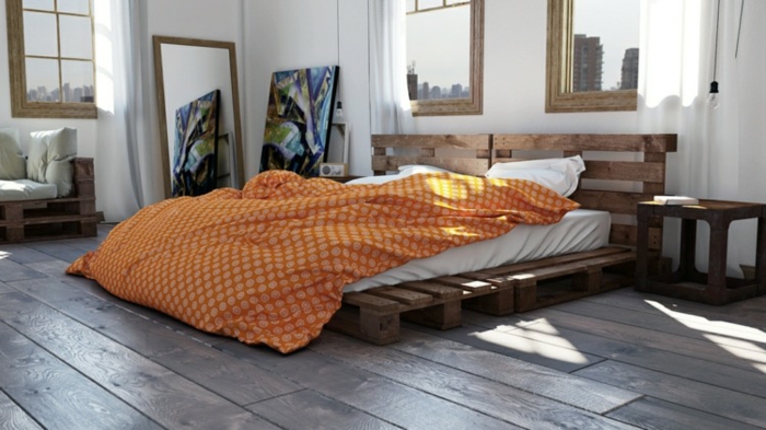 Легла палетни дивани палетни палети мебели легла палети оранжеви спални идеи