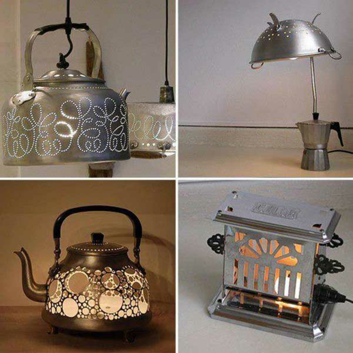 回收的想法从旧的厨房用具使新工艺的想法DIY工艺的想法老küchenkrams茶水壶灯