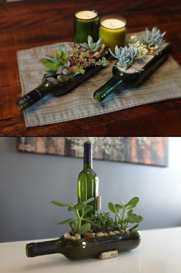 DIY-ideeën met glazen flessen die ideeën ontwikkelen voor het planten van vetplanten