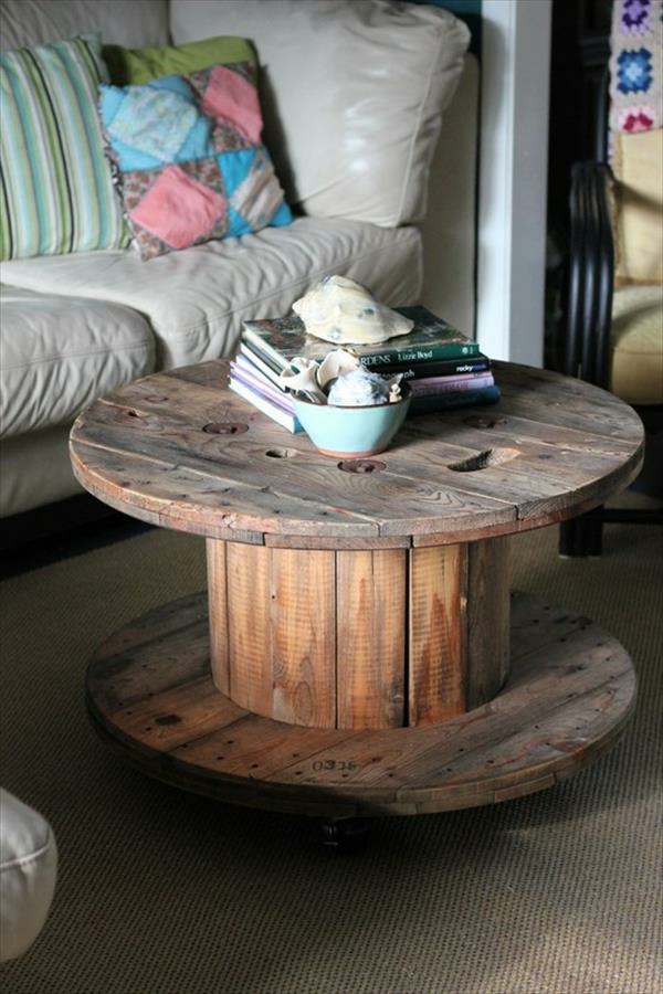 DIY עץ רהיטים מעץ עשוי תוף כבל שולחן קפה