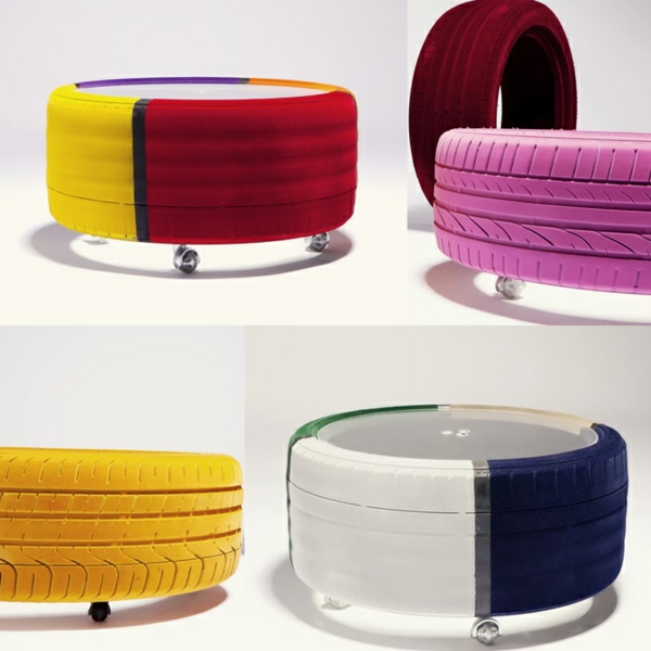 DIY мебели от гуми за автомобили гуми за автомобили рециклиране жълто лилаво