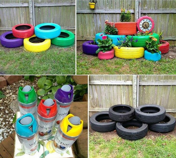 DIY furniture purple red blue green colors Car tires car tires recycling stacked