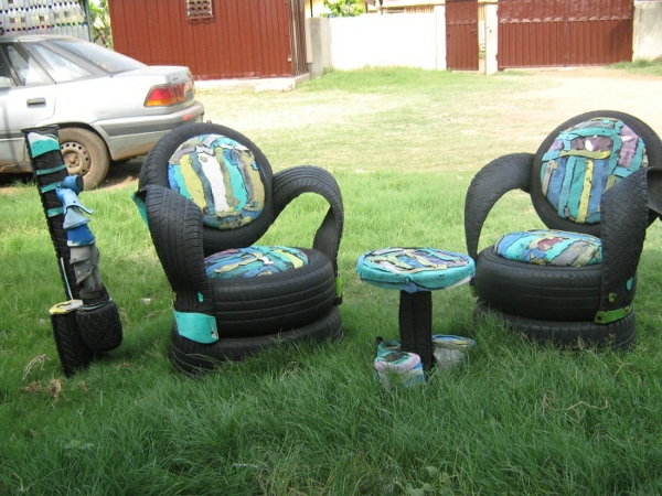 Furniture car tires recycling turquoise painted remnants