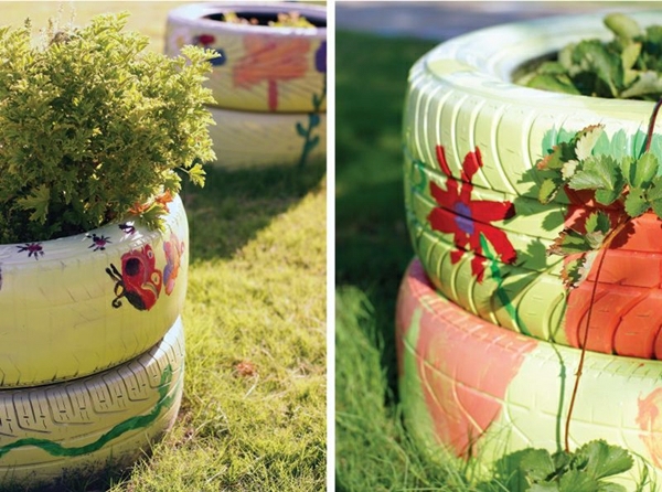 Мебели за домашни любимци от автомобилни гуми боядисани модел растение