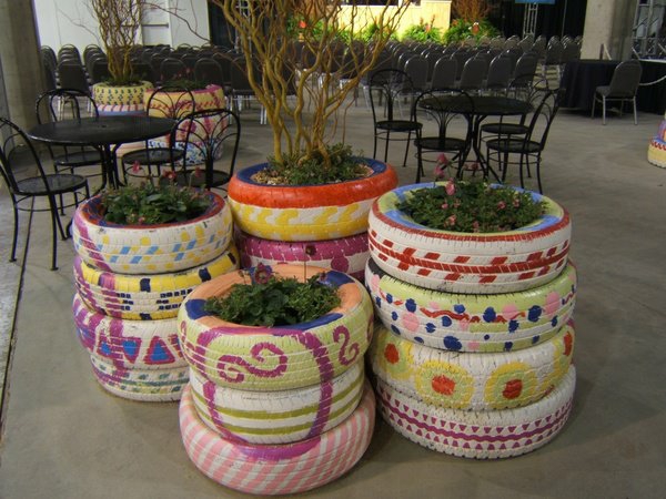 DIY Furniture painted white car tires plant container colorful
