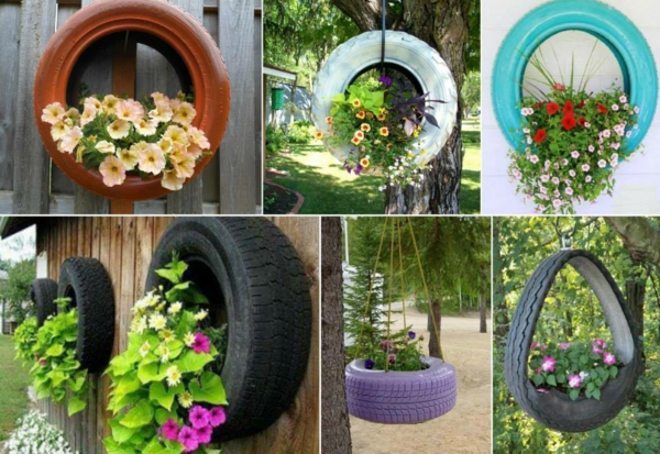 Doe-het-zelf-meubelen geschilderd van autobanden plantencontainer