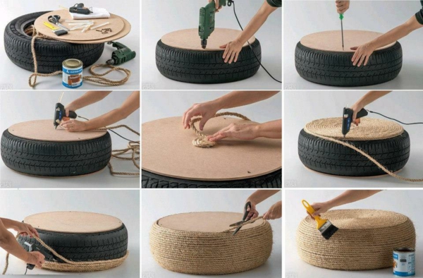 DIY-meubelen gemaakt van autobanden met touwkruk