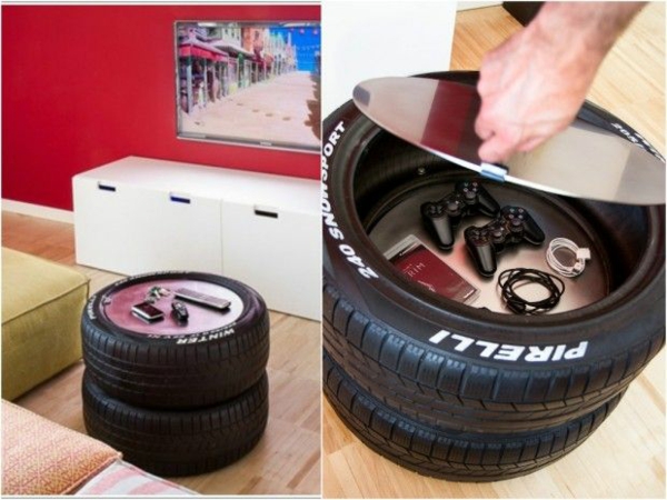 DIY furniture from car tire bin lid metal