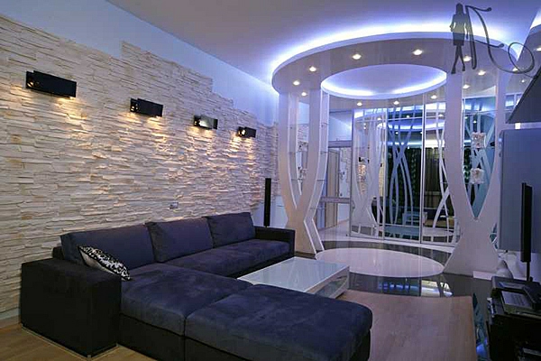 Diseño de techo Sala de estar Techos colgantes iluminación incorporada indirecta