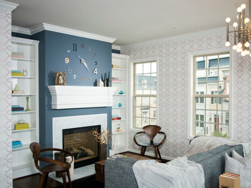 Kambarių dizainas Gyvenamasis kambarys Dažymas Židinys Deco Wall Color Blue