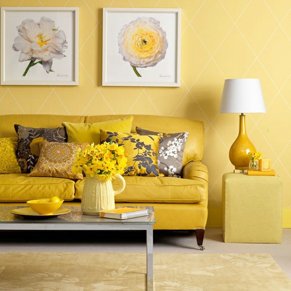 Χρώμα ιδέες για τοίχους τοίχο σχεδιασμό καθιστικό κίτρινο ηλιόλουστο