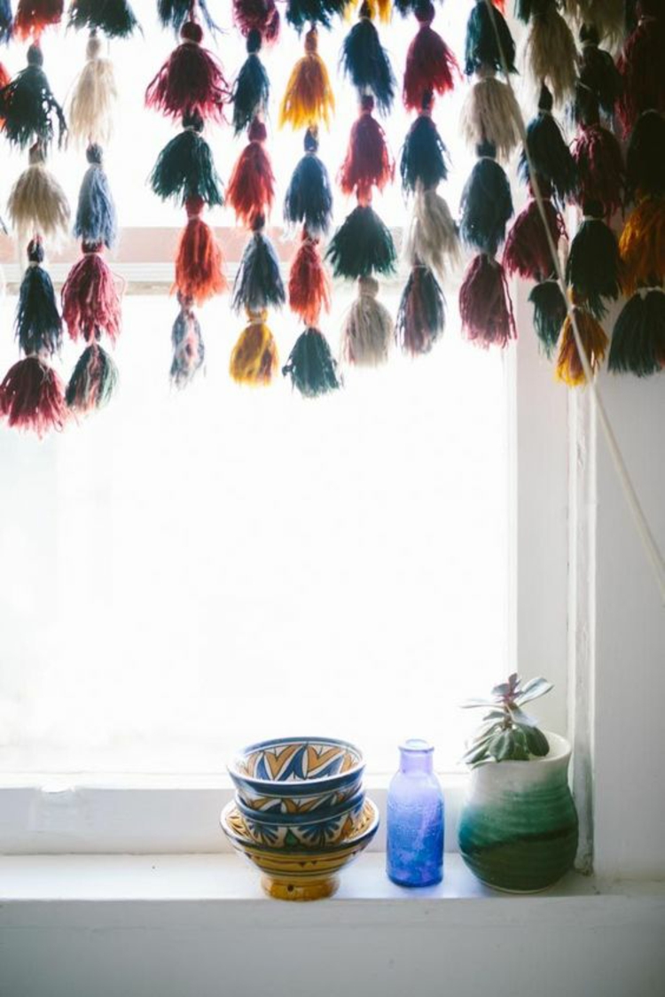 Raamdecoratie Ideeën Keuken kamerplanten Deco kommen kleurrijke franjes