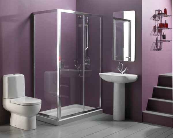 紫色墙面设计洗手间水槽淋浴间壁镜楼梯