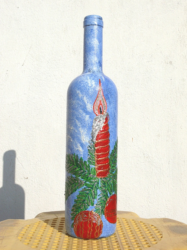 Dekorativní lahvička na vánoční stříkání malované modře