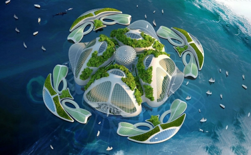 未来主义的建筑学建造并且居住Aequorea漂浮城市