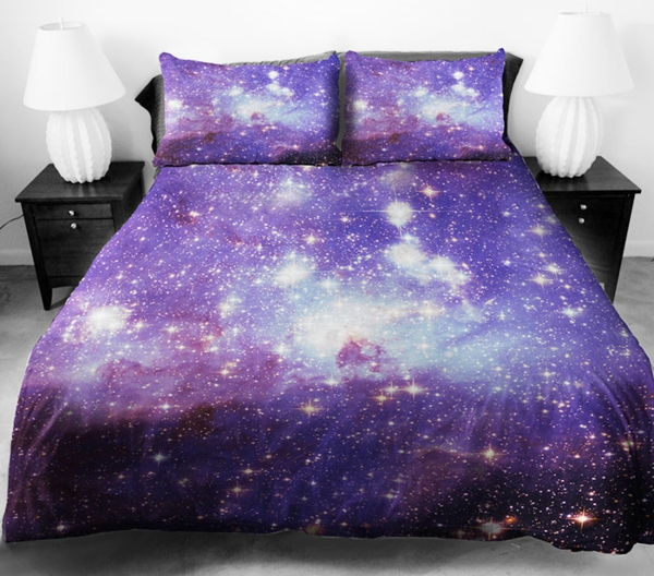Galaxy drap de lit en lin violet étoiles