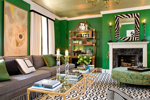 Χρυσή φανταστική οροφή γκρι καναπέ πράσινο τοίχους
