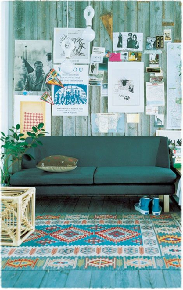 绿色沙发木墙设计地毯蓝色