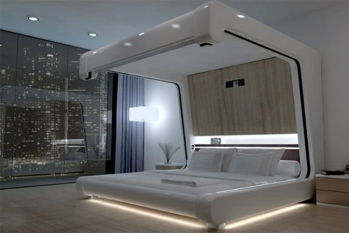 Ξύλινα κρεβάτια με ουρανό στο υπνοδωμάτιο χτισμένα υπερσύγχρονα