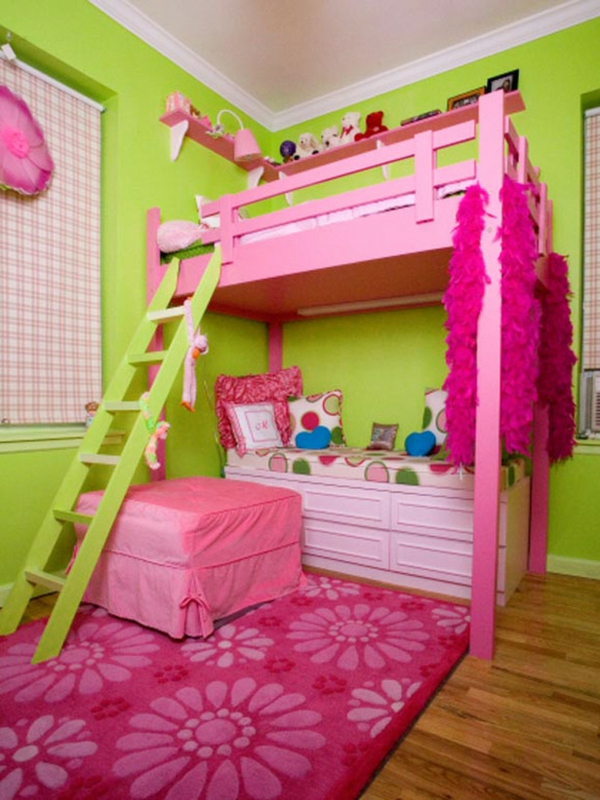 Loft cama habitación infantil rosa colores verdes