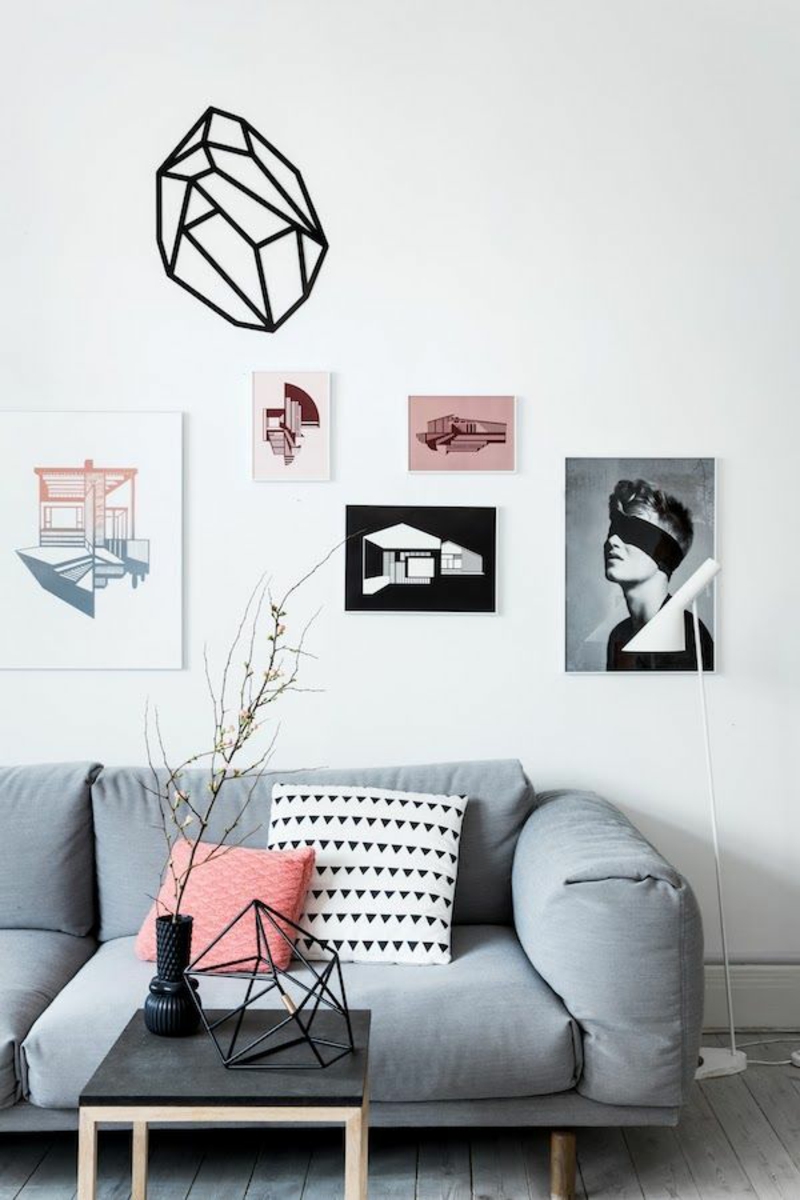 Nápady na kreativní zdobení zdí moderní obývací pokoj na stěnu