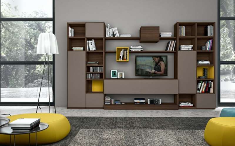 Nápady pro kreativní stěny design obývací pokoj TV nástěnné jednotky otevřené police dřevo