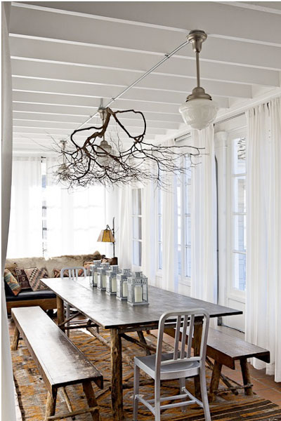 Interior decoration with branches - lamps ceiling dining table