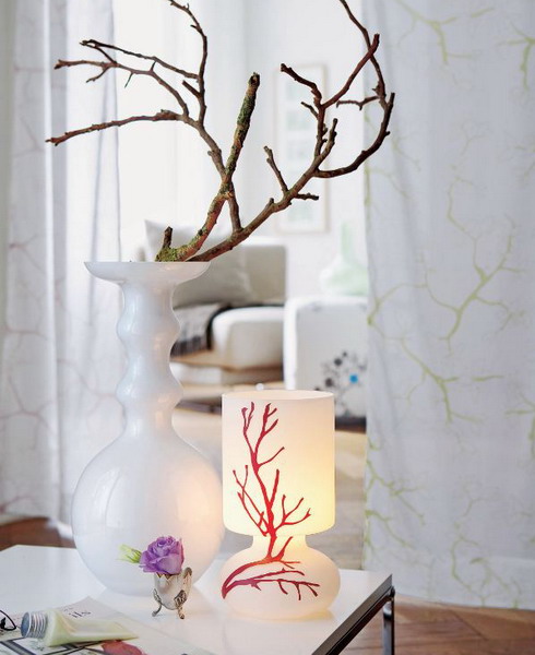 Interior decoration with branches vase candle table living room