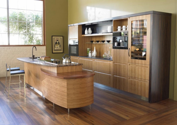 Kitchen island shape wood textures warm ambiente