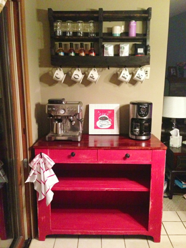 Coffee bar kitchen design red painted shelf dresser