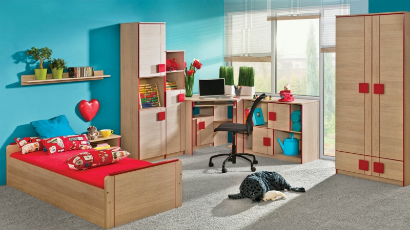 غرفة الأطفال صبي الأطفال الأثاث جدار الطلاء الأزرق الفراش الأحمر للأطفال