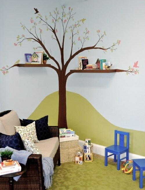 μαυροπίνακας πολύχρωμες ράφια δέντρο παιδικό δωμάτιο ζωγραφική τοίχο σχεδιασμό