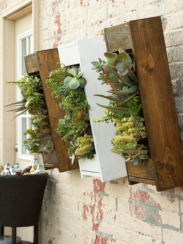 Small roof terrace frame hanging plants vertical wall