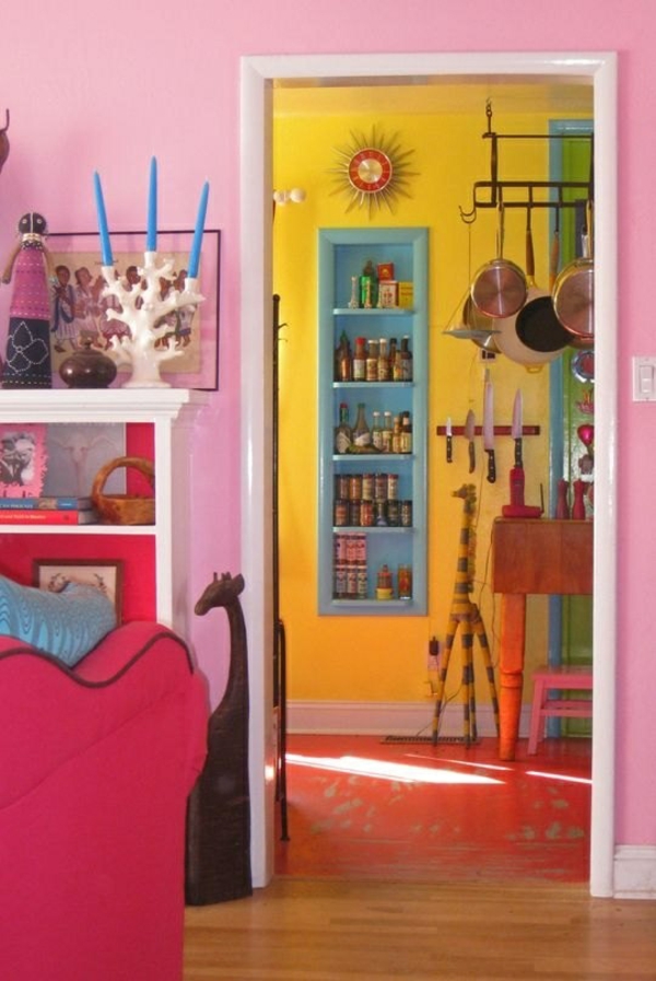 Deriniai virtuvės valgomojo sienos spalvos rožinės raudonos geltonos spalvos