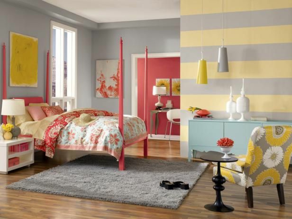 Combinaciones postes de cama rojos Colores de pared rayas horizontales gris amarillo