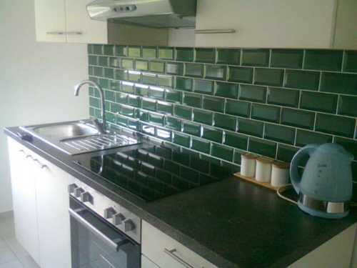 紧凑型厨房设计现代迷人的家具绿色瓷砖水槽