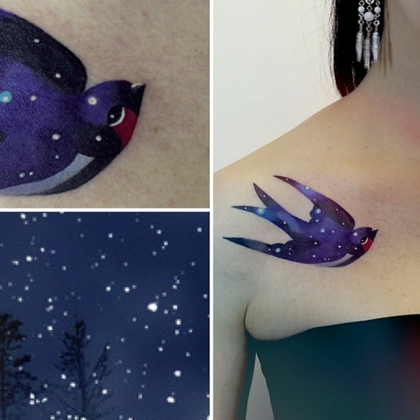 Cosmos Tattoo violetti värit sininen Alkuperäinen & amp; Motivi lintu