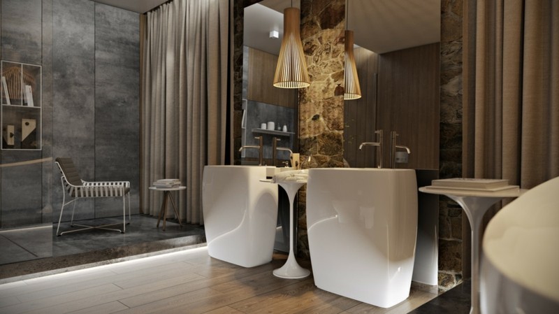 Πολυτελές ρουστίκ στιλ πέτρινο τοίχο σύγχρονη βρύση μπάνιου