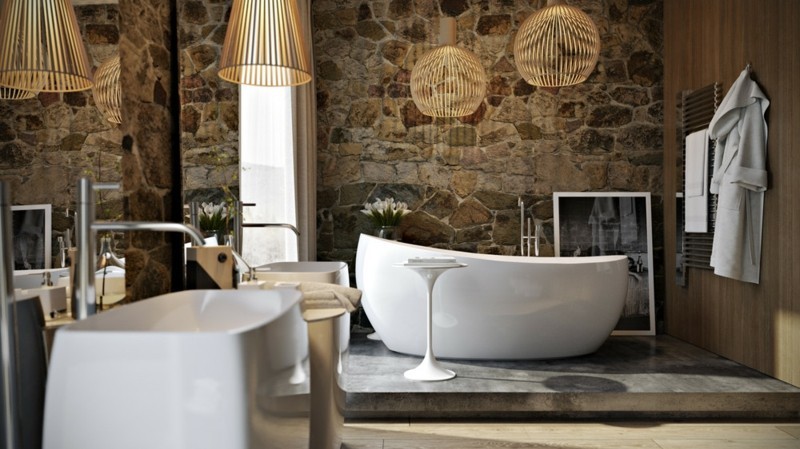 Πολυτελές ρουστίκ στιλ πέτρινο τοίχο μοντέρνο ντιζάιν μπάνιο