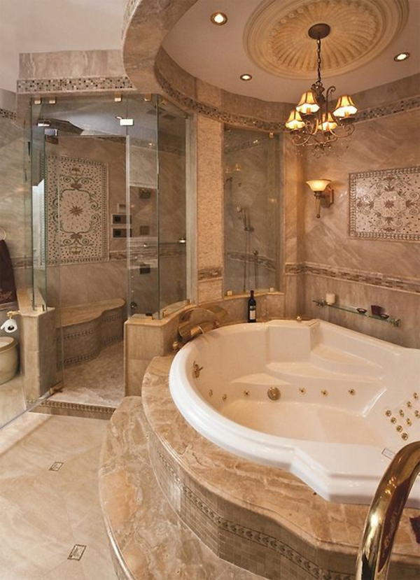 Luxury bathroom design built-in tub gold accents
