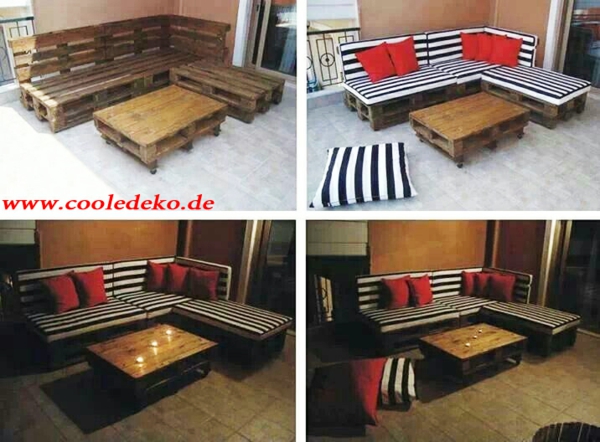 Muebles hechos de europallets sofás almohadillas rayas