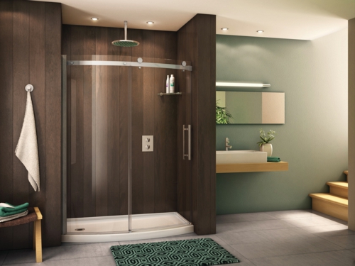 Modern glass shower cubicles dark azente wood wall